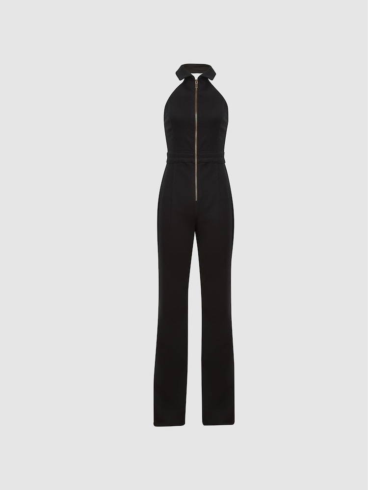 Reiss Black Pennie Petite Denim Halterneck Jumpsuit - Image 2 of 6