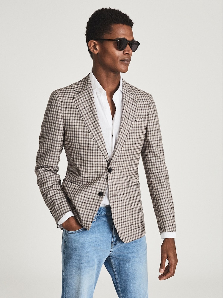 Reiss Brown Trip Wool Gingham Slim Fit Blazer - Image 1 of 1