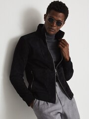 Reiss Navy Damon Suede Zip Through Jacket - Image 1 of 5