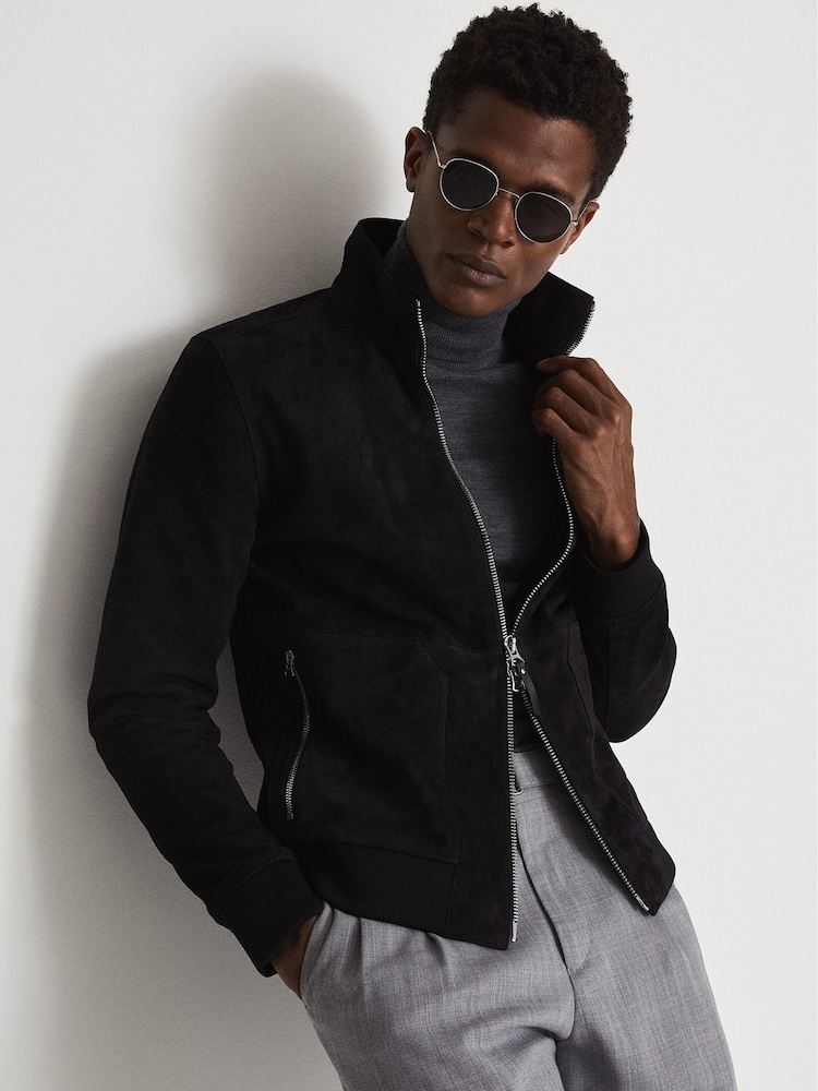 Reiss Navy Damon Suede Zip Through Jacket - Image 1 of 5