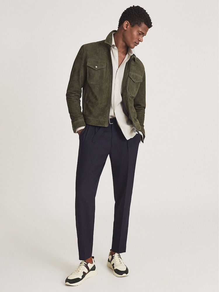 Reiss Green Pike Suede Zip Through Trucker Jacket - Image 1 of 6