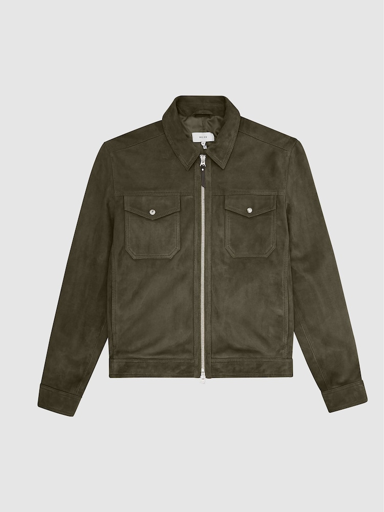 Reiss Green Pike Suede Zip Through Trucker Jacket - Image 2 of 6