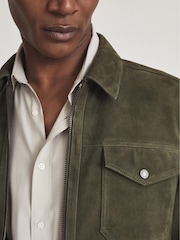 Reiss Green Pike Suede Zip Through Trucker Jacket - Image 3 of 6