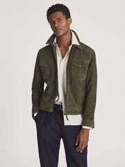 Reiss Green Pike Suede Zip Through Trucker Jacket - Image 6 of 6