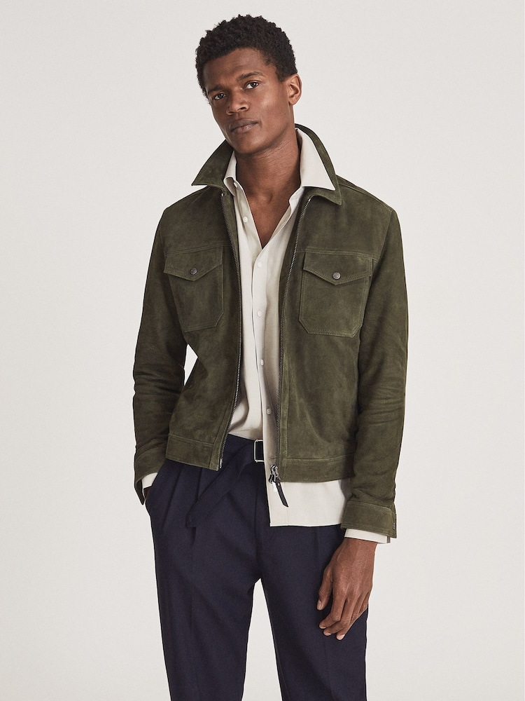 Reiss Green Pike Suede Zip Through Trucker Jacket - Image 6 of 6