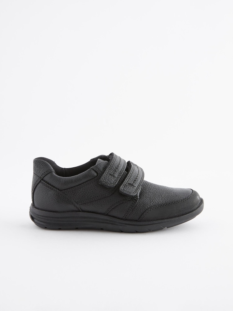 Black Wide Fit (G) School Leather Strap Touch Fasten Shoes - Image 2 of 6