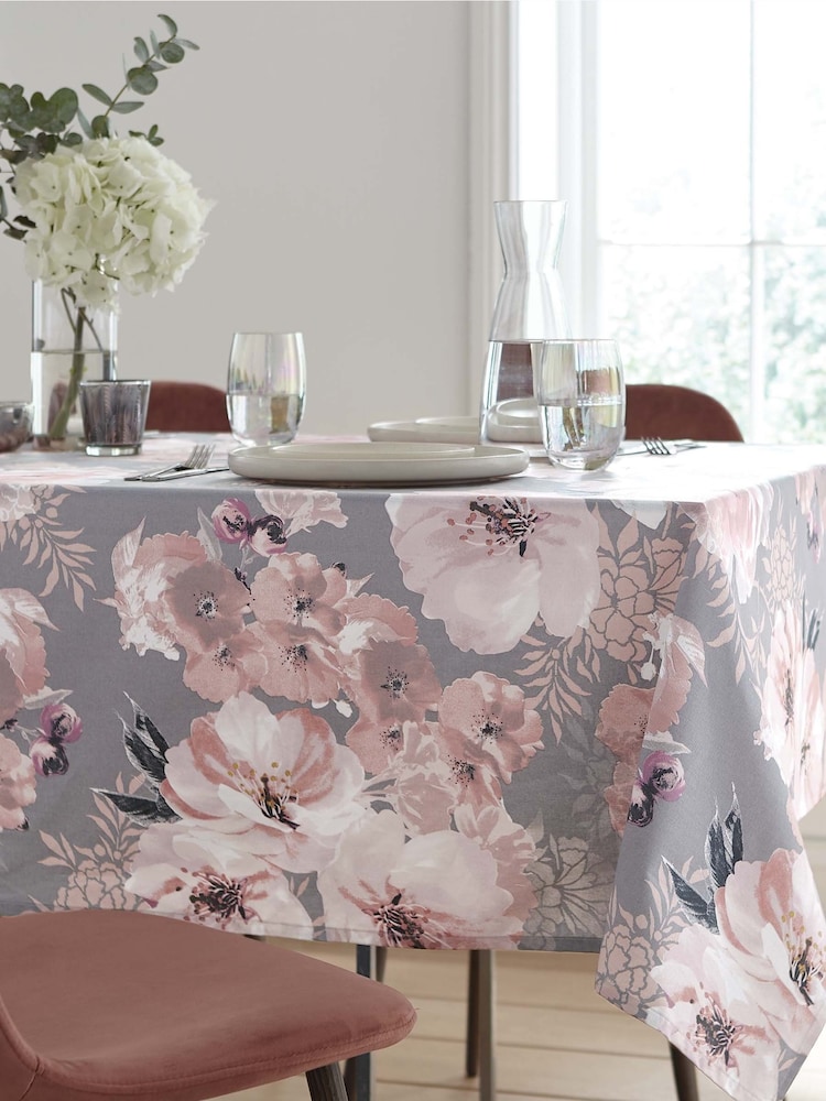 Catherine Lansfield Grey Dramatic Floral Print 100% Cotton Table Cloth - Image 1 of 2