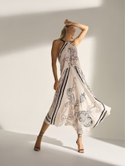 Reiss Pink Grace Scarf Print Midi Dress - Image 1 of 6