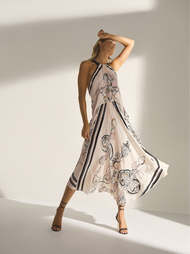 Reiss Pink Grace Scarf Print Midi Dress - Image 1 of 6