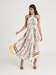 Reiss Pink Grace Scarf Print Midi Dress - Image 3 of 6