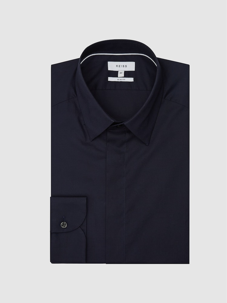 Reiss Navy Kiana Cotton Stretch Poplin Slim Fit Shirt - Image 2 of 5