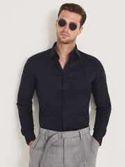 Reiss Navy Kiana Cotton Stretch Poplin Slim Fit Shirt - Image 3 of 5
