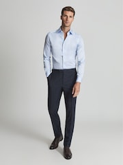 Reiss Soft Blue Frontier Cotton Satin Stretch Slim Fit Shirt - Image 1 of 7