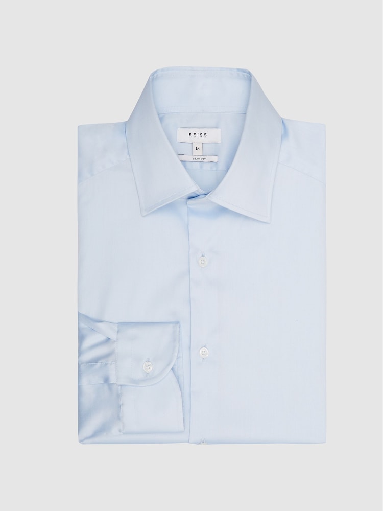 Reiss Soft Blue Frontier Cotton Satin Stretch Slim Fit Shirt - Image 2 of 7