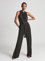 Reiss Dark Green Milo Fine Wool Blend Cowl Neck Jumpsuit - Image 1 of 6