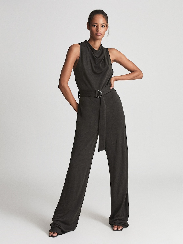 Reiss Dark Green Milo Fine Wool Blend Cowl Neck Jumpsuit - Image 1 of 6