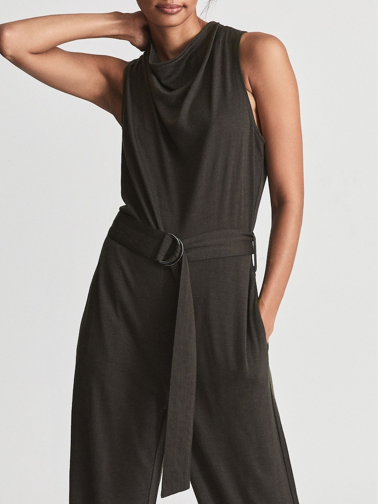 Reiss Dark Green Milo Fine Wool Blend Cowl Neck Jumpsuit - Image 6 of 6