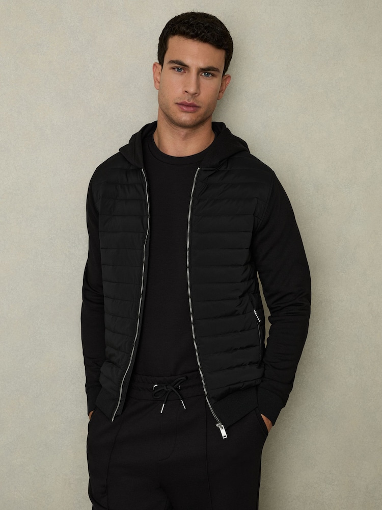 Reiss Black Taylor Hybrid Zip Through Quilted Jacket - Image 1 of 7