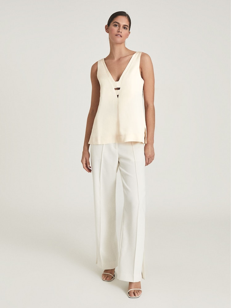 Reiss Beige Emi Linen Blend V-Neck Top - Image 1 of 5