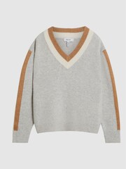 Reiss Grey Cora Jr Stripe Trim V Neck Jumper - Image 2 of 6