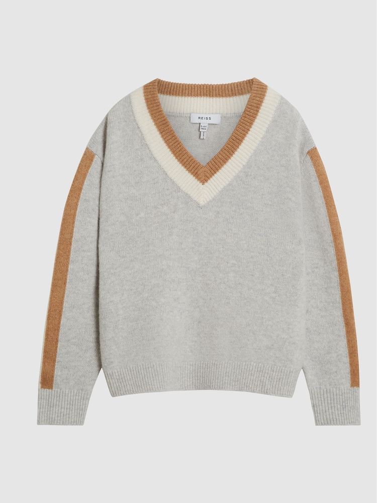 Reiss Grey Cora Jr Stripe Trim V Neck Jumper - Image 2 of 6