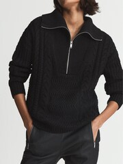 Reiss Black Alexis Cable Knit Zip Neck Jumper - Image 3 of 5