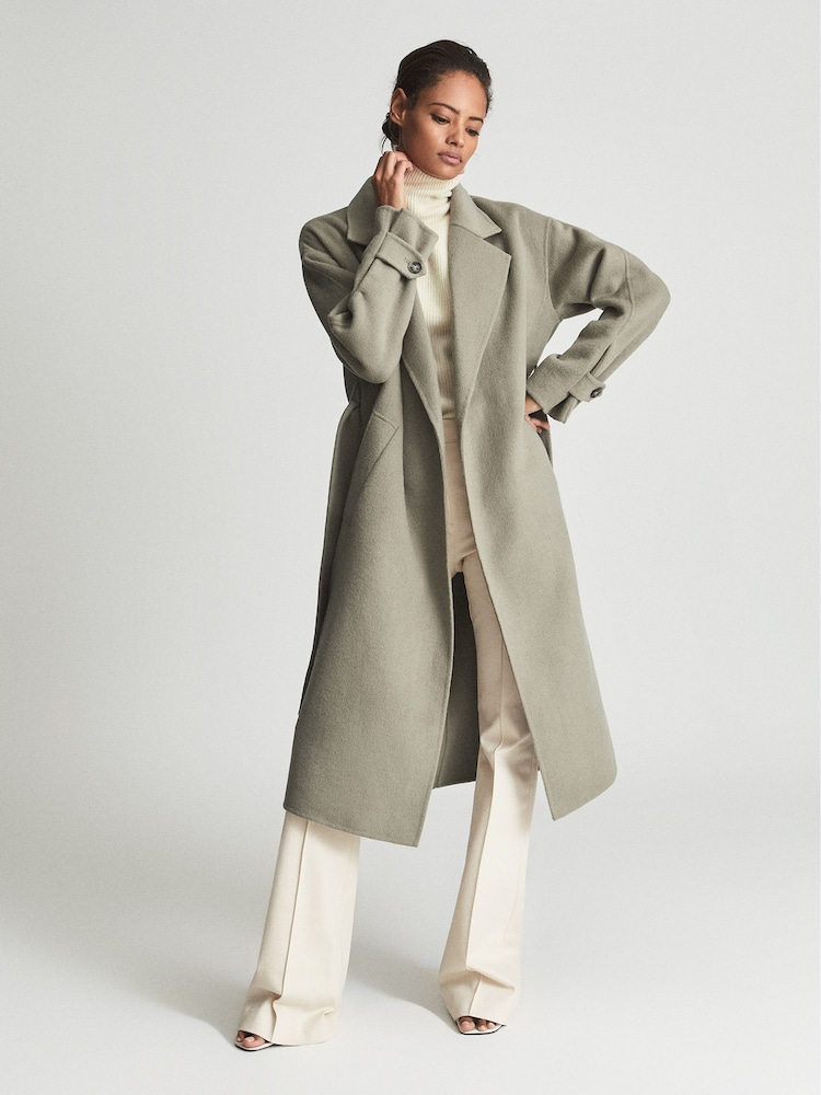 Reiss Khaki Green Olive Wool Blend Oversized Overcoat - Image 1 of 6