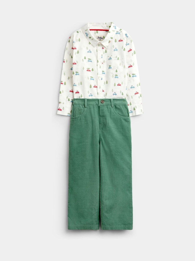 JoJo Maman Bébé Dark Green Christmas Car Print Shirt & Cord Trousers Set - Image 1 of 7 JoJo Maman Bébé Dark Green Christmas Car Print Shirt & Cord Trousers Set - Image 1 of 7