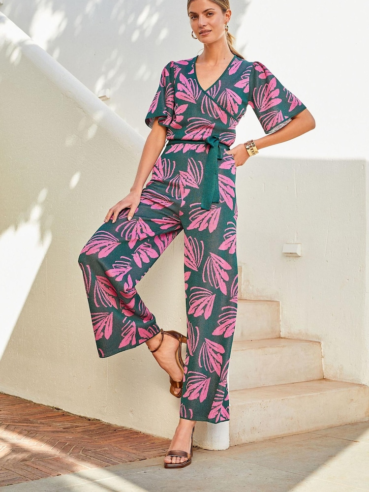 Green/Pink Jacquard Angel Sleeve Jumpsuit - Image 1 of 2 Green/Pink Jacquard Angel Sleeve Jumpsuit - Image 1 of 2