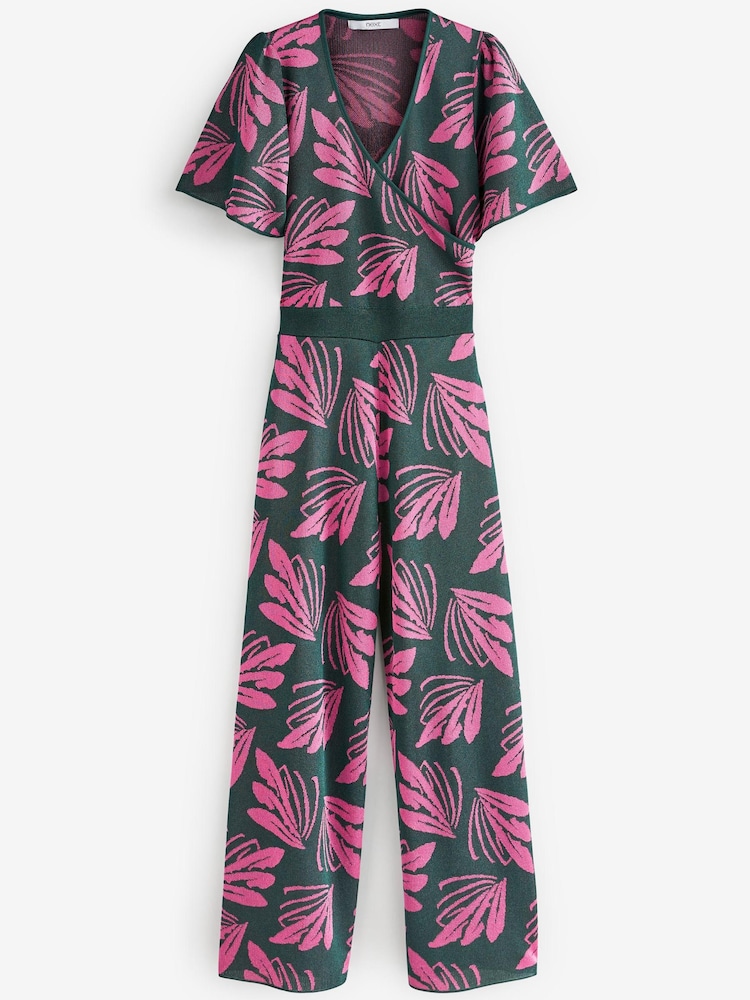 Green/Pink Jacquard Angel Sleeve Jumpsuit - Image 2 of 2 Green/Pink Jacquard Angel Sleeve Jumpsuit - Image 2 of 2
