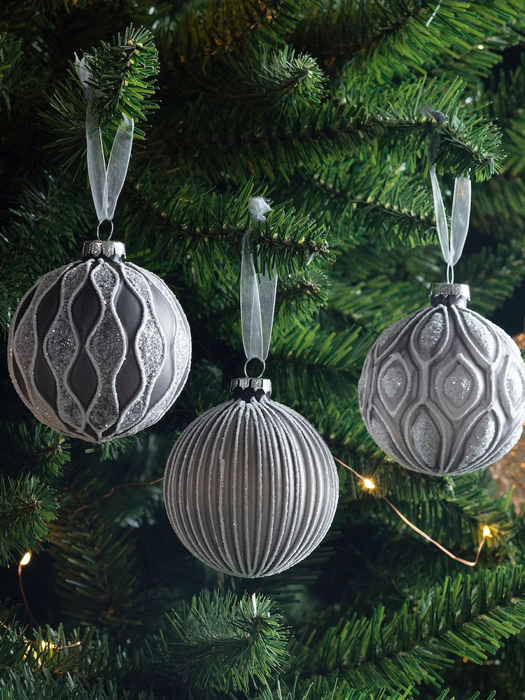 Gallery Home 6 Pack Grey Assorted Glitter Geo Christmas Baubles - Image 1 of 2