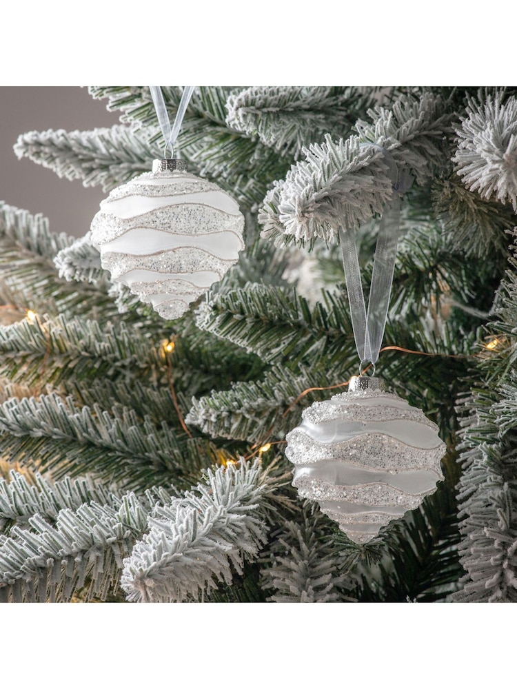 Gallery Home Set of 6 White Christmas Glitter Wavy Baubles - Image 1 of 2