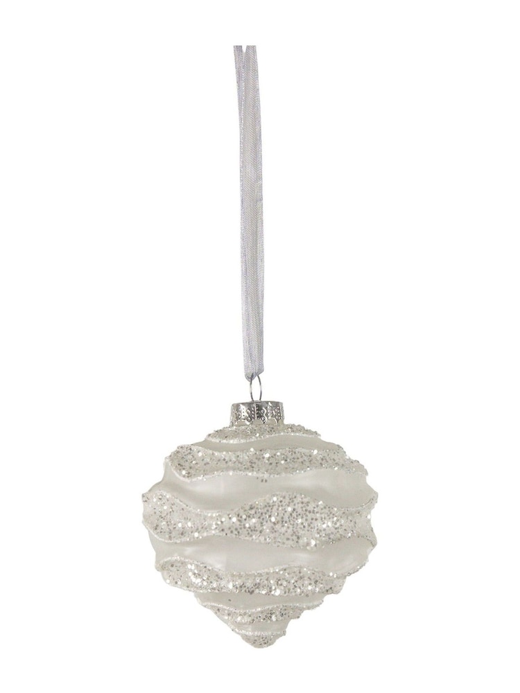 Gallery Home Set of 6 White Christmas Glitter Wavy Baubles - Image 2 of 2