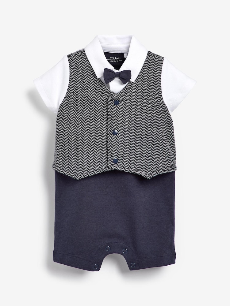 Grey/White Smart Bow Tie And Waistcoat Romper (0mths-2yrs) - Image 1 of 3