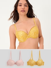 Ochre Yellow/Pink Pad Balcony Embroidered Bras 2 Pack - Image 1 of 3
