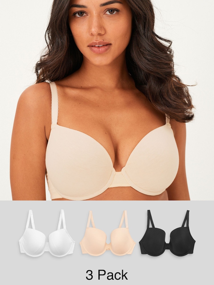 Black/White/Pastel Rose Nude Pad Plunge DD+ Cotton Blend Ultimate Comfort Bras 3 Pack - Image 1 of 9