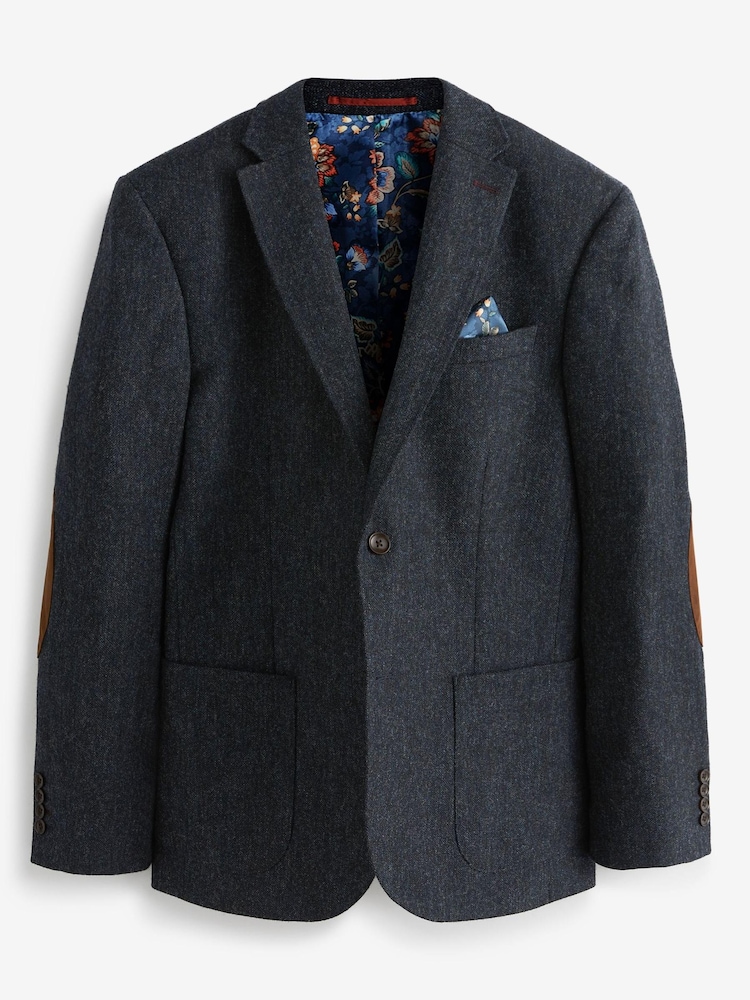 Navy Blue Signature Moons British Wool Textured Blazer With Elbow Patches - Image 3 of 7