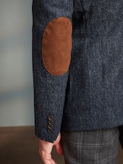 Navy Blue Signature Moons British Wool Textured Blazer With Elbow Patches - Image 5 of 17