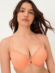 Coral Pink Push Up Pad Plunge Triple Boost Front Fastening Lace Bra - Image 1 of 2