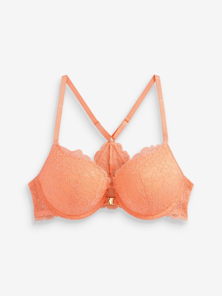 Coral Pink Push Up Pad Plunge Triple Boost Front Fastening Lace Bra - Image 2 of 2