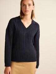 Navy Blue Cable Detail Polo Neck Jumper - Image 1 of 6
