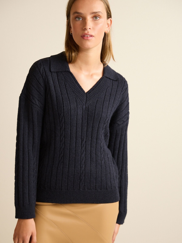 Navy Blue Cable Detail Polo Neck Jumper - Image 1 of 6
