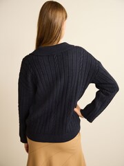 Navy Blue Cable Detail Polo Neck Jumper - Image 3 of 6