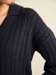 Navy Blue Cable Detail Polo Neck Jumper - Image 4 of 6