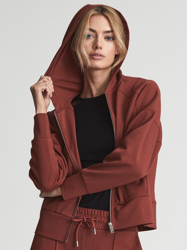 Reiss Rust Nia Technical Jersey Zipped Hoodie - Image 6 of 6