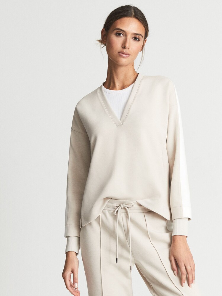 Reiss Neutral Maddie V-Neck Jersey Sweatshirt - Image 1 of 6 Reiss Neutral Maddie V-Neck Jersey Sweatshirt - Image 1 of 6