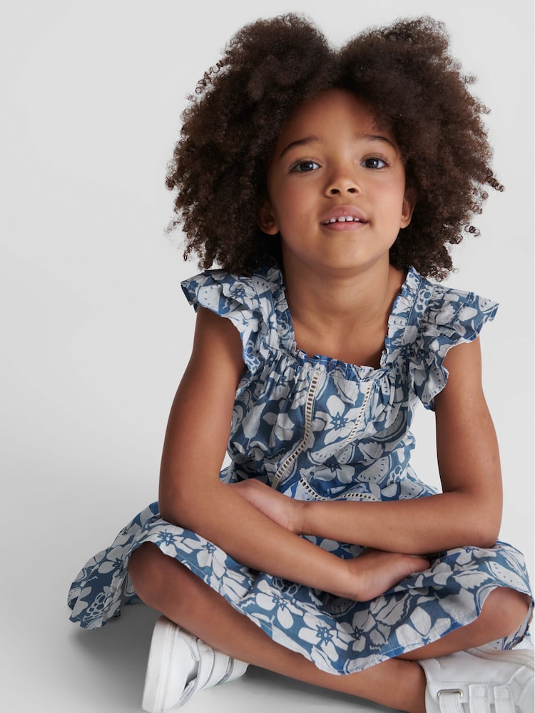 Reiss Blue Lil Junior Printed Ruffle Dress - Image 1 of 6 Reiss Blue Lil Junior Printed Ruffle Dress - Image 1 of 6