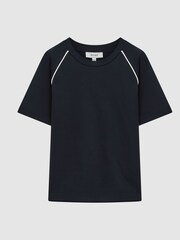 Reiss Navy Stratford Piped Knitted Trim Crew Neck Tee - Image 2 of 6
