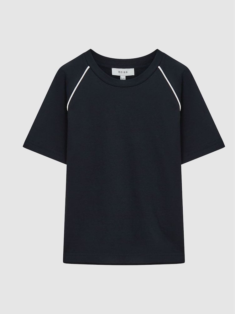 Reiss Navy Stratford Piped Knitted Trim Crew Neck Tee - Image 2 of 6