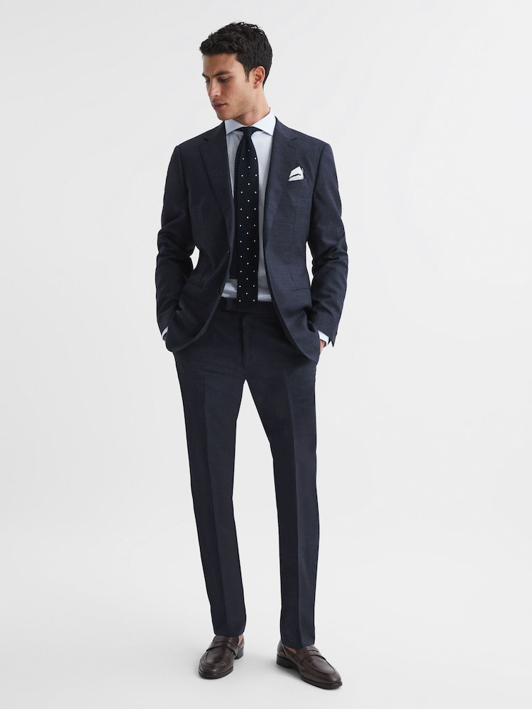 Reiss Navy Dunn Textured Slim Fit Blazer - Image 3 of 5